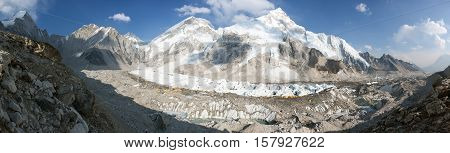 Evening panoramic view of Mount Everest base camp Everest Nuptse Khumbu glacier Sagarmatha national park Nepal