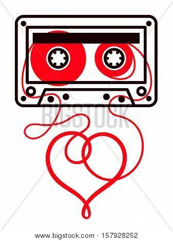Mixtape cassette with red heart shape reel isolated on white, vector