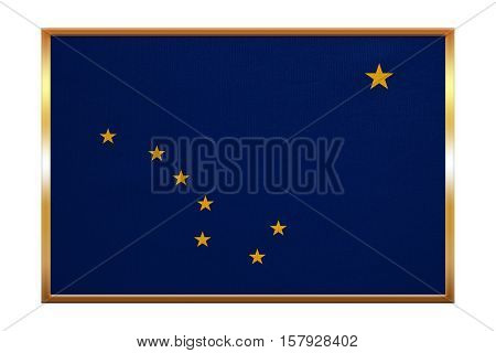 Flag of the US state of Alaska. American patriotic element. USA banner. United States of America symbol. Alaskan official flag golden frame fabric texture illustration. Accurate size colors