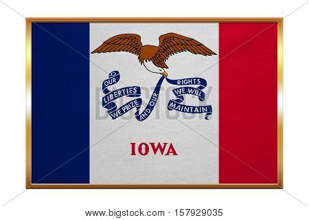 Flag of the US state of Iowa. American patriotic element. USA banner. United States of America symbol. Iowan official flag golden frame fabric texture illustration. Accurate size colors