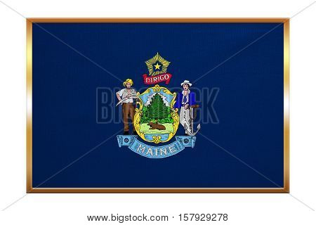 Flag of the US state of Maine. American patriotic element. USA banner. United States of America symbol. Mainer official flag golden frame fabric texture illustration. Accurate size colors