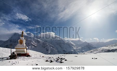 Panoramic view of Annapurna 3 III Ganggapurna and Khangsar Kang with buddist stupa from Ice Lake way to Thorung La pass round Annapurna circuit trekking trail Nepal