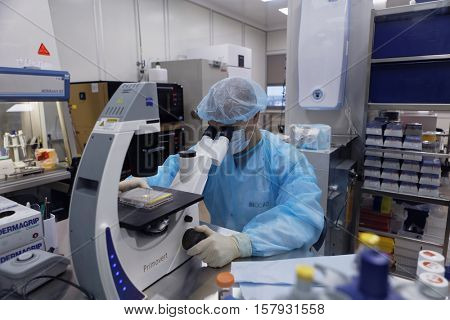 ST. PETERSBURG, RUSSIA - NOVEMBER 16, 2016: Researchers at work in the research laboratory of the biotechnology company BIOCAD. It is one of the full-cycle drug development and manufacturing companies