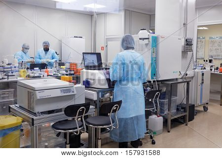ST. PETERSBURG, RUSSIA - NOVEMBER 16, 2016: Researchers at work in the research laboratory of the biotechnology company BIOCAD. It is one of the full-cycle drug development and manufacturing companies