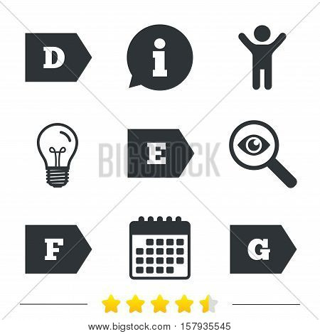 Energy efficiency class icons. Energy consumption sign symbols. Class D, E, F and G. Information, light bulb and calendar icons. Investigate magnifier. Vector