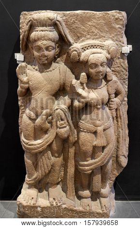 KOLKATA, INDIA - FEBRUARY 09:  Siva-Parvati, from 5th century found in Kausambi, Uttar Pradesh now exposed in the Indian Museum in Kolkata, West Bengal, India on February 09, 2016.