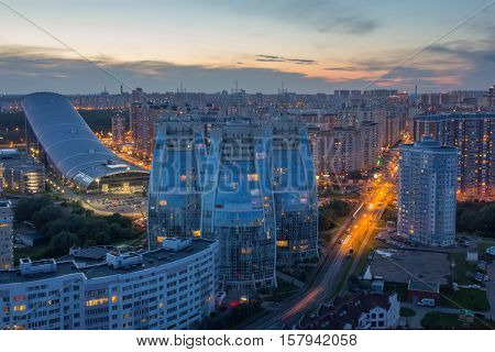 KRASNOGORSK, RUSSIA - JUN 8,2016: Residential complex Sail, artificial ski resort Snowball at evening. Krasnogorsk is town located on Moskva River. 