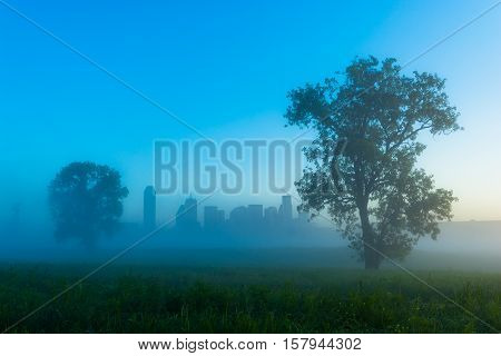 Foggy Sunrise in downtown Dallas from the trinity river