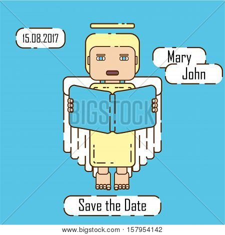 Save the Date card template in modern style. Stock vector wedding invitation with an angel holding a book and boxes for your text.