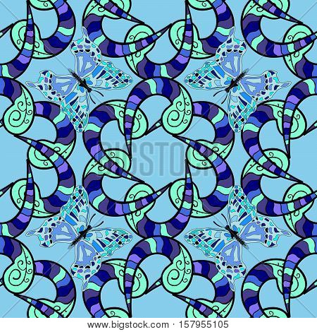 Blue Lace. Round Lace Pattern On An Doodles Background. Raster.