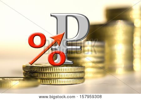The symbol of the ruble and the percent of the background bars coins . The concept of changes in the exchange rate .