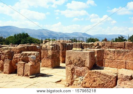 View of the Pillar Cyrpt building within the Minoan Malia ruins archaeological site Malia Crete Greece Europe.