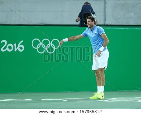 RIO DE JANEIRO, BRAZIL - AUGUST 13, 2016: Juan Martin Del Potro of Argentina celebrates victory after men's singles semifinal match of the Rio 2016 Olympic Games at Olympic Tennis Centre