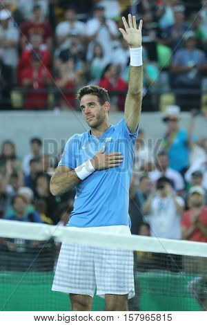 RIO DE JANEIRO, BRAZIL - AUGUST 13, 2016: Juan Martin Del Potro of Argentina celebrates victory after men's singles semifinal match of the Rio 2016 Olympic Games at Olympic Tennis Centre