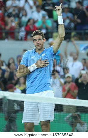 RIO DE JANEIRO, BRAZIL - AUGUST 13, 2016: Juan Martin Del Potro of Argentina celebrates victory after men's singles semifinal match of the Rio 2016 Olympic Games at Olympic Tennis Centre
