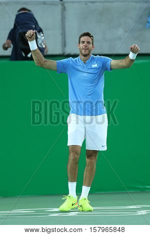 RIO DE JANEIRO, BRAZIL - AUGUST 13, 2016: Juan Martin Del Potro of Argentina celebrates victory after men's singles semifinal match of the Rio 2016 Olympic Games at Olympic Tennis Centre