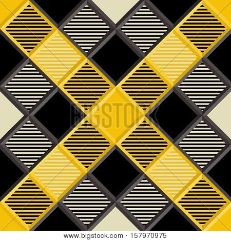 3D Lumberjack Tartan Seamless Pattern in Black Beige Yellow and Gray. Trendy volumetric illustration for wallpapers. Traditional Scottish ornament. Tartan plaid inspired background.