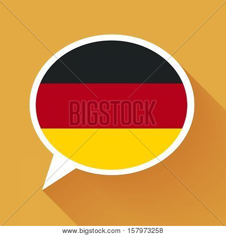 White speech bubble with Germany flag and long shadow on orange background. German language conceptual illustration.