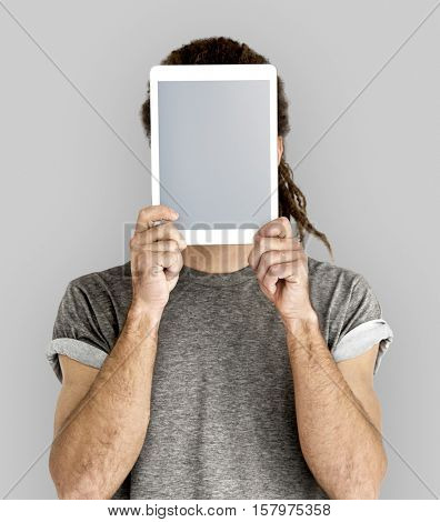 Person Holding Tablet Face Concept