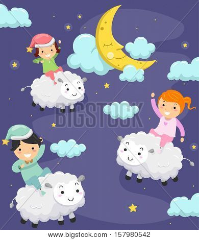 Whimsical Illustration of Stickman Kids in Pajamas Riding Fluffy Sheep