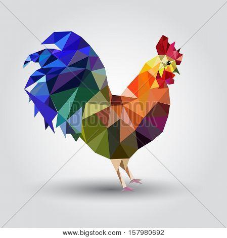 Illustration of rooster, symbol of 2017 on the Chinese calendar. Silhouette of red cock made with triangles.