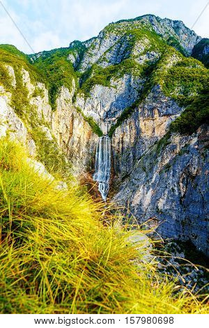 Big waterfall in the mountains. Slovenia Landscape