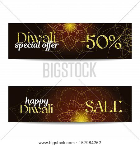 Set of Diwali big sale banners. Indian festival of lights. Flyers with gold glitter shiny text and floral mandalas. Special discount offer. Realistic gold sequins. Vector EPS10 illustration.