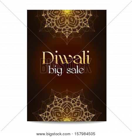 Diwali big sale banner. Indian festival of lights. Coupon with gold glitter shiny floral mandala. Special discount offer. Realistic gold sequins with blinks. Vector EPS10 illustration.