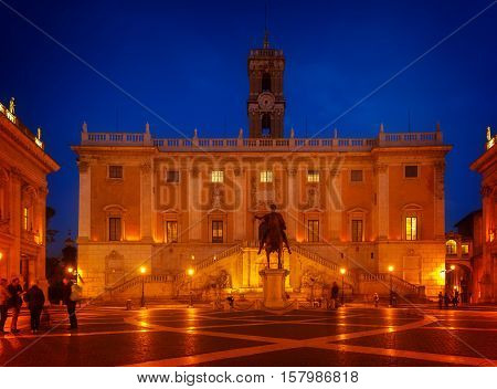 Campidoglio square, Capitoline hill in Rome at night, Italy, toned