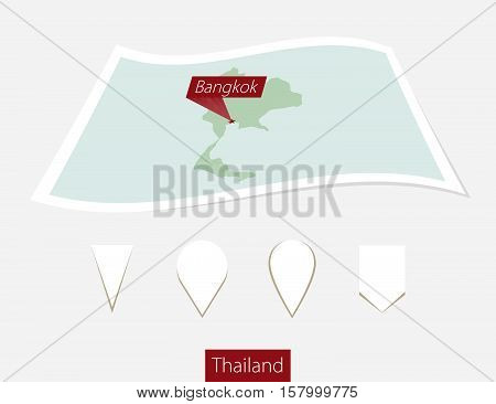 Curved Paper Map Of Thailand With Capital Bangkok On Gray Background. Four Different Map Pin Set.