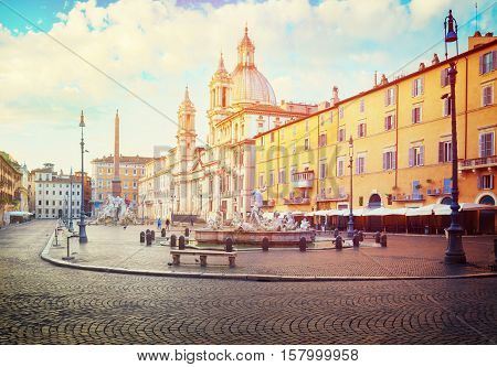 panoramic view of Piazza Navona in Rome with sunshine, Italy