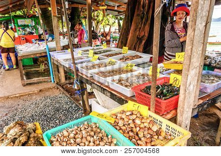 Rawai Beach, Phuket, Thailand - October 27, 2013: Beachside Seafood Stall In Sea Gypsy Village At Ra