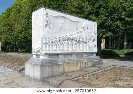 Berlin, Germany - August 18, 2018: Stone Sarcophagi At The Soviet War Memorial Treptower Park Berlin