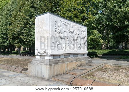 Berlin, Germany - August 18, 2018: Stone Sarcophagi At The Soviet War Memorial Treptower Park Berlin