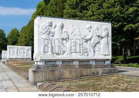 Berlin, Germany - August 18, 2018: One Of Sixteen Stone Sarcophagi At The Soviet War Memorial Trepto