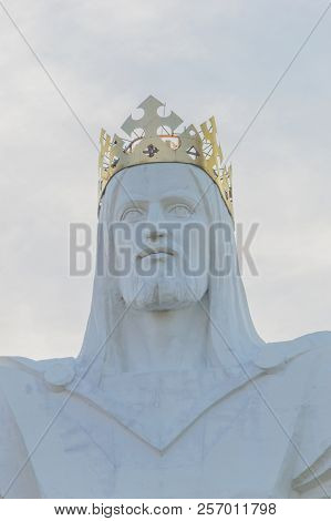 Swiebodzin, Poland - August 19, 2018: Close-up For Head Of Statue Of Jesus Christ With 3 M Tall Meta