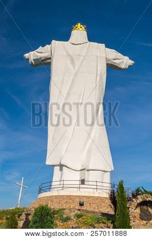 Swiebodzin, Poland - August 19, 2018: Back Of Statue Of Christ The King At Sunrise.