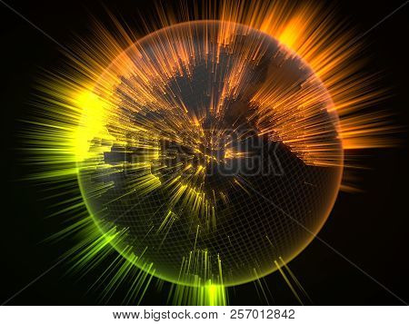 Dark Earth Globe With Glowing Details And Light Rays. 3d Illustration