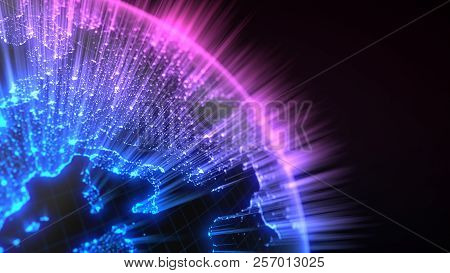 Dark Earth Globe With Glowing Details And Light Rays. 3d Illustration
