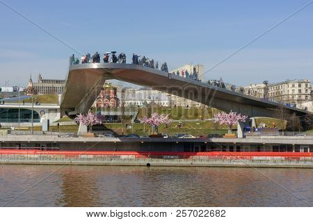 Moscow - April 12, 2018: Zaryadye Park with the modern amphitheater in Moscow, Russia. Zaryadye is one of the main tourist attractions of Moscow