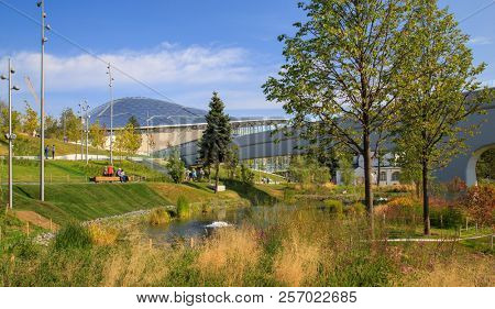 Moscow - September 4, 2018: Zaryadye Park with the modern amphitheater in Moscow, Russia. Zaryadye is one of the main tourist attractions of Moscow