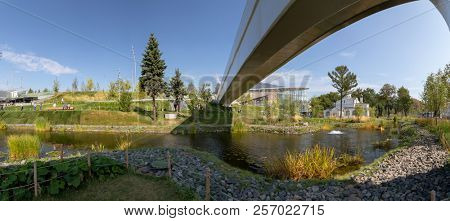 Moscow - September 4, 2018: Zaryadye Park with the modern amphitheater in Moscow, Russia. Zaryadye is one of the main tourist attractions of Moscow