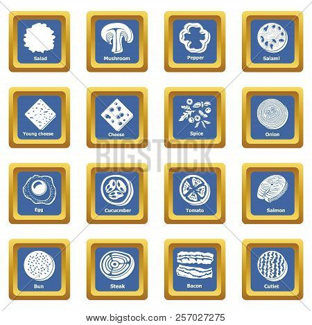 Slice Food Icons Set Blue Square Isolated On White Background