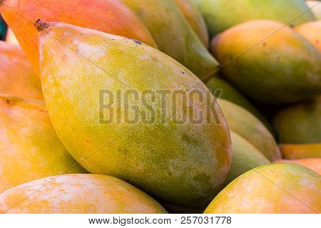 Bunch Of Rip Fresh Mangoes Background, Close-up