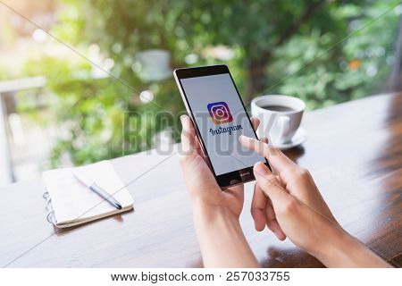 Chiang Mai, Thailand - August 18,2018: Woman Hands Holding Huawei With Instagram Application On The 