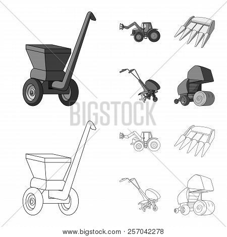 Motoblock And Other Agricultural Devices. Agricultural Machinery Set Collection Icons In Outline, Mo