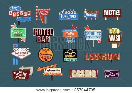 Neon Signboards, Billboards, Light Boxes And Banners Set Of Vector Illustrations