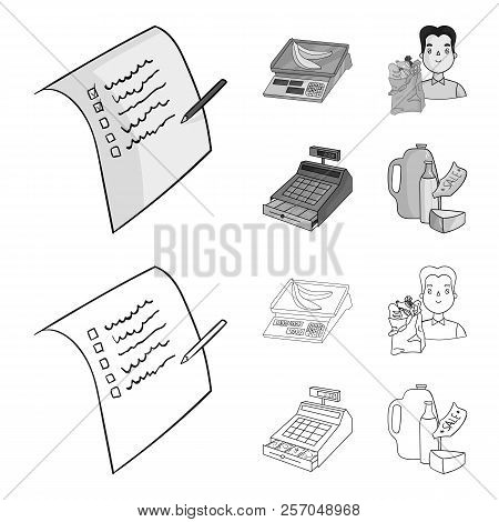 Package, Scales, Banana, Fruit .supermarket Set Collection Icons In Outline, Monochrome Style Vector