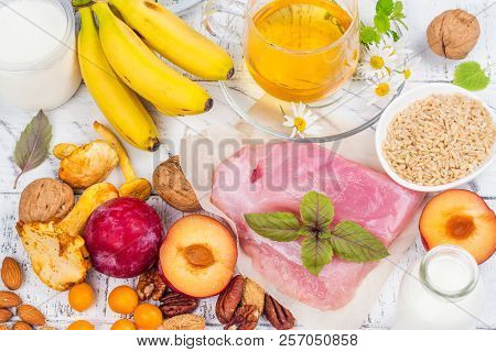 Best Food For Getting Sleep. Foods Rich Of Tryptophene And Melatonin. Healthy Nutrition Concept