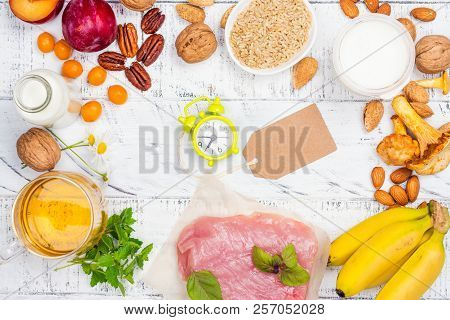 Best Food For Getting Sleep. Foods Rich Of Tryptophene And Melatonin. Healthy Nutrition Concept